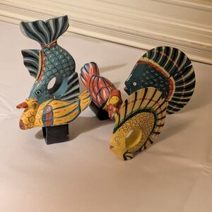 Fun Wooden Painted Novelty Napkin Rings/Holders Fish And Birds Beach House